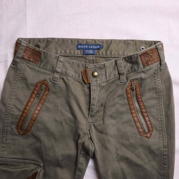 Ralph Lauren Women's Olive Green Cargo Pants Leather Trim Zipper Pockets Size 2 - Picture 7 of 14